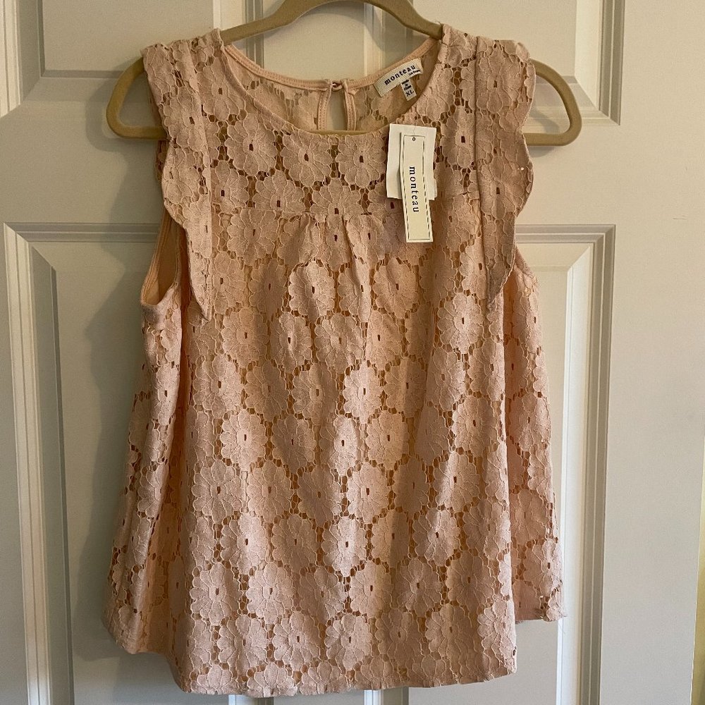 Monteau BNWT Lace effect ruffle sleeve tank peach/pink